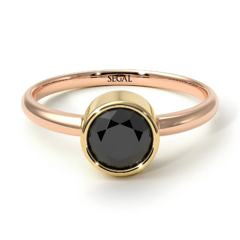 Wedding Set with Diamond Ring-Two Tones Solitaire Bezel Black Diamond Ring - Emerson No. 19