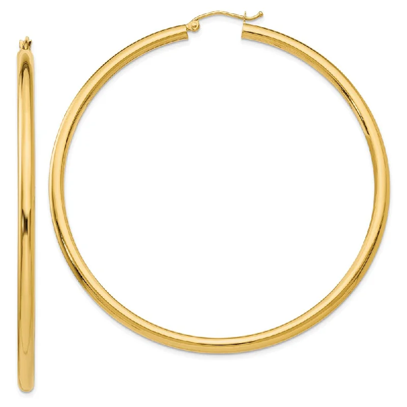 Bold Silver Earrings-3mm x 65mm 14k Yellow Gold Classic Round Hoop Earrings