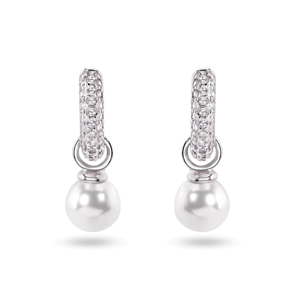 Elegant Leaf Earrings-Sterling Silver Rhodium Plated Dangling Pearl Clear CZ