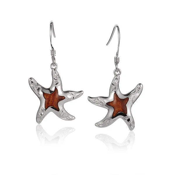 Modern Geometric Earrings-Hawaiian Jewelry Koa Wood inlaid Solid Silver hand engraving Starfish hook Earrings