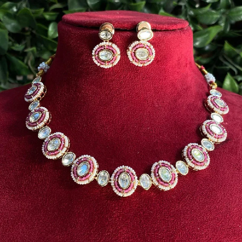 Long Gold Necklace-Royal Kundan Jewellery Gold Plated Polki Kundan Stone And Pearls Necklace Set