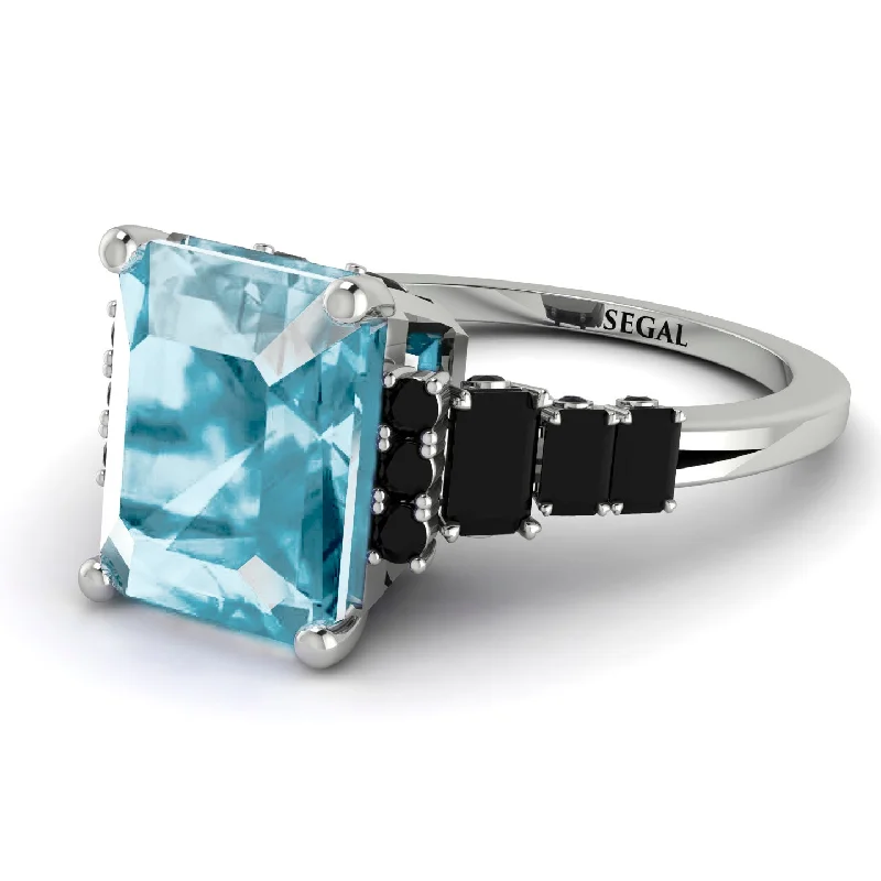 Women's Diamond Ring-Emerald Cut Aquamarine Ring Hidden Round Diamonds - Sawyer No. 409