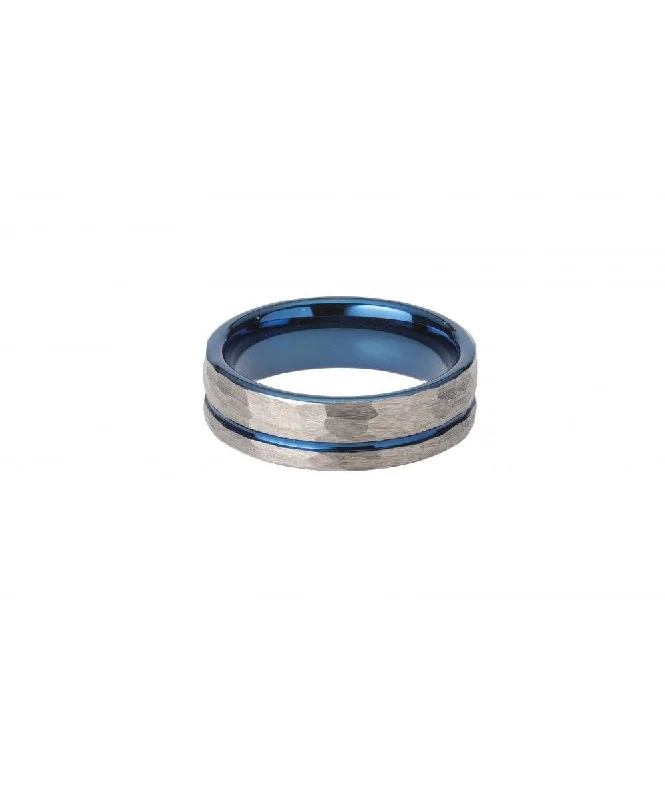 Simple Diamond Ring-Unique & Co 7mm Tungsten Carbide Hammered Blue IP Ring