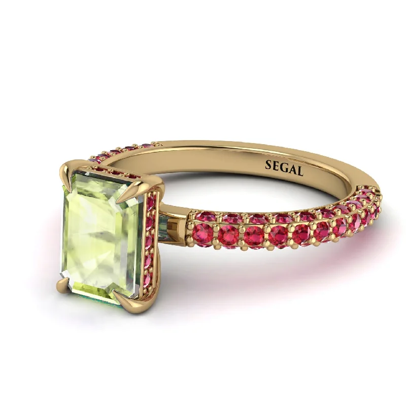 Men's Gold Ring-Hidden Halo Emerald Cut Peridot Engagement Ring - Ximena No. 710