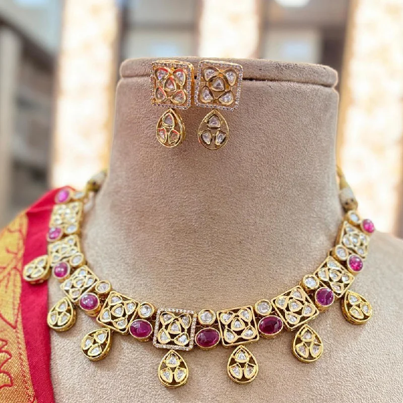 Long Dangle Necklace-Jewel Addiction Copper Gold Plated Polki Kundan Stone Necklace Set