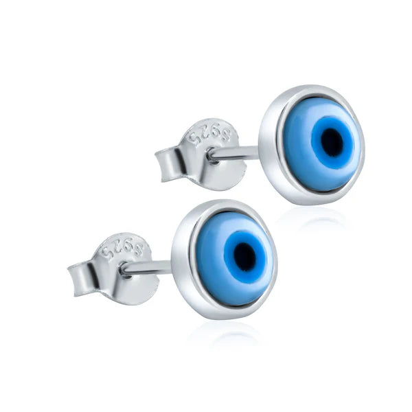 Pearl Drop Earrings-Rhodium Plated 925 Sterling Silver Round Evil Eye Mother of Pearl Earrings