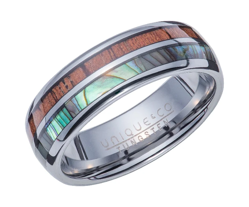 Elegant Rose Gold Ring-Unique & Co Tungsten Ring With Wood And Abalone Shell