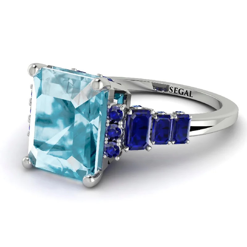 Birthstone Wedding Ring-Emerald Cut Aquamarine Ring Hidden Round Diamonds - Sawyer No. 415