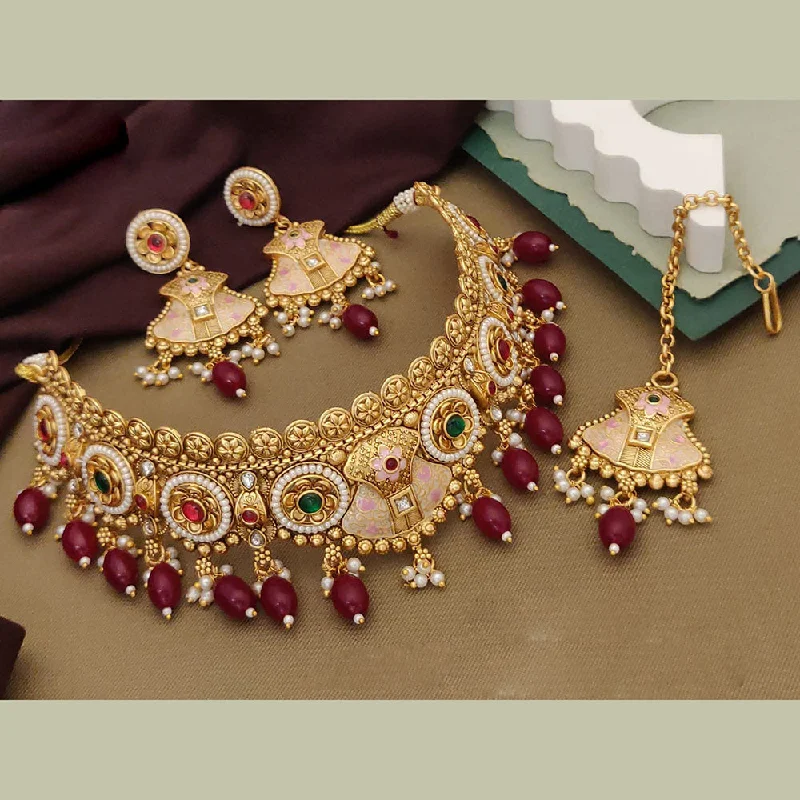 Round Gemstone Necklace-Akruti Collection Gold Plated Pota Stone And Pearls Meenakari Choker Necklace Set