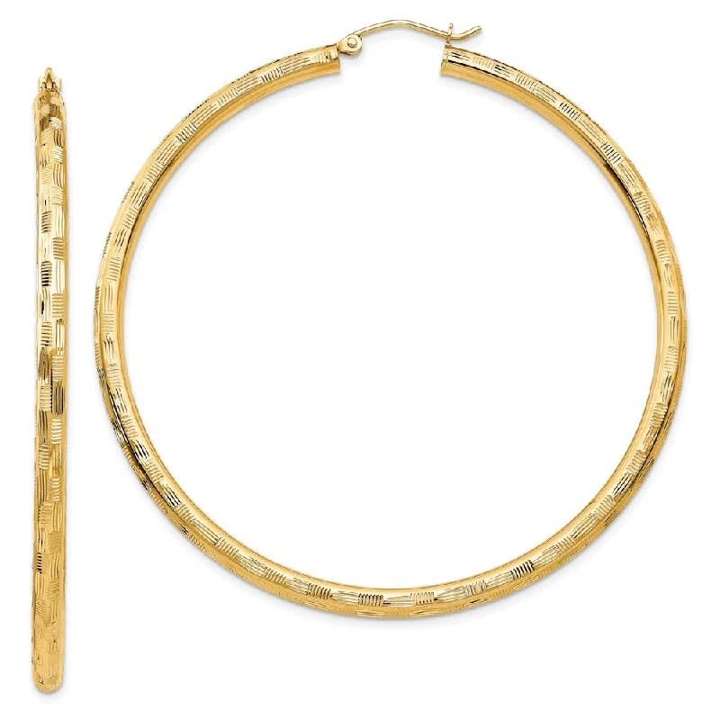 Chunky Hoop Earrings-3mm x 60mm 14k Yellow Gold Textured Round Hoop Earrings