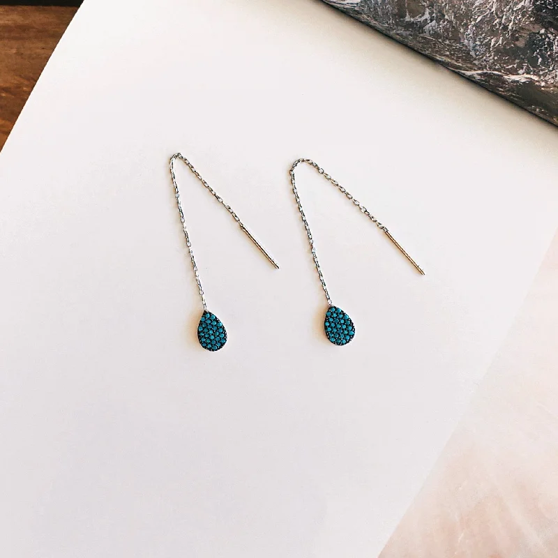 Silver Hoop Earrings-Turquoise Teardrop Thread Earrings - Sterling Silver