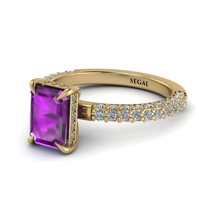 Rose Gold Stacking Rings-Hidden Halo Emerald Cut Amethyst Engagement Ring - Ximena No. 301