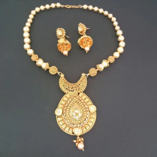 Dainty Silver Necklace-Darshana Jewels AD Stone Pearl Copper Necklace Set - FAP0182A