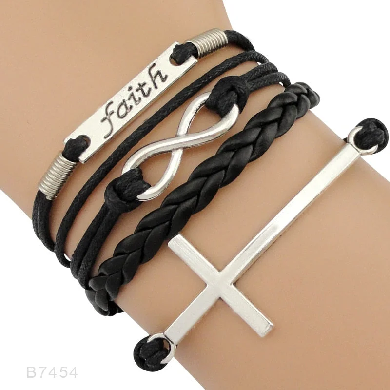 Classic Tennis Bracelets-Faith Believe Fearless Bracelets Infinity Love Courage Jesus Loves Me Forgiven Sideways Cross Christian Leather Bracelets