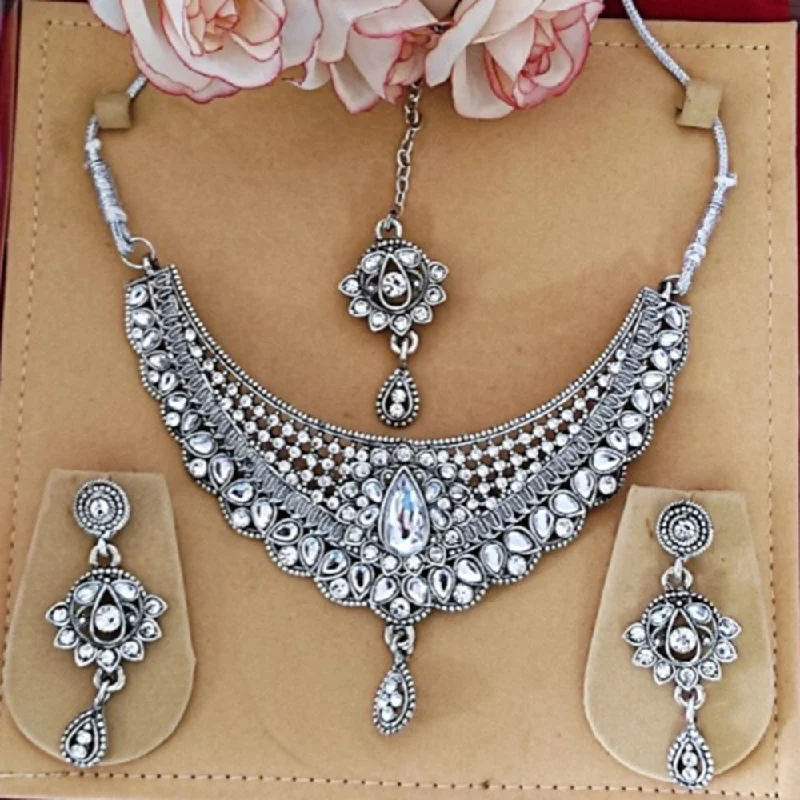 Diamond and Pearl Necklace-Bevy Pearls Oxidised Plated Necklace Set