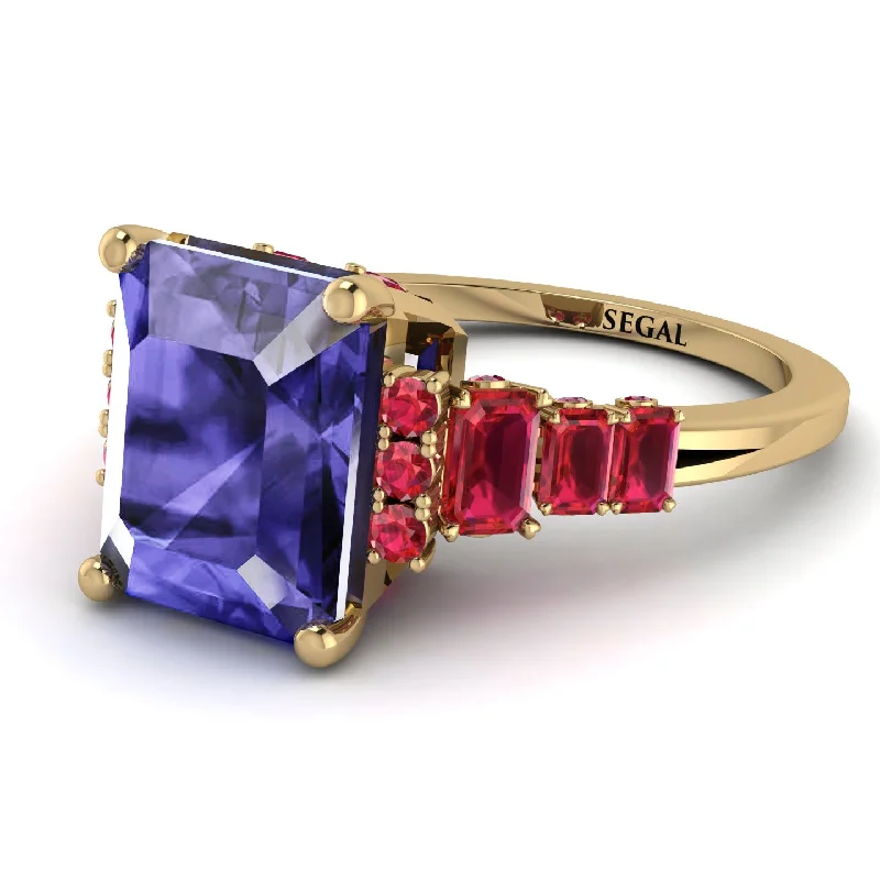 Fancy Engagement Ring-Emerald Cut Tanzanite Ring Hidden Round Diamonds - Sawyer No. 210