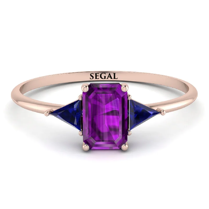 Silver Wedding Ring-Emerald Cut Amethyst With Triangles Ring - Remi No. 314