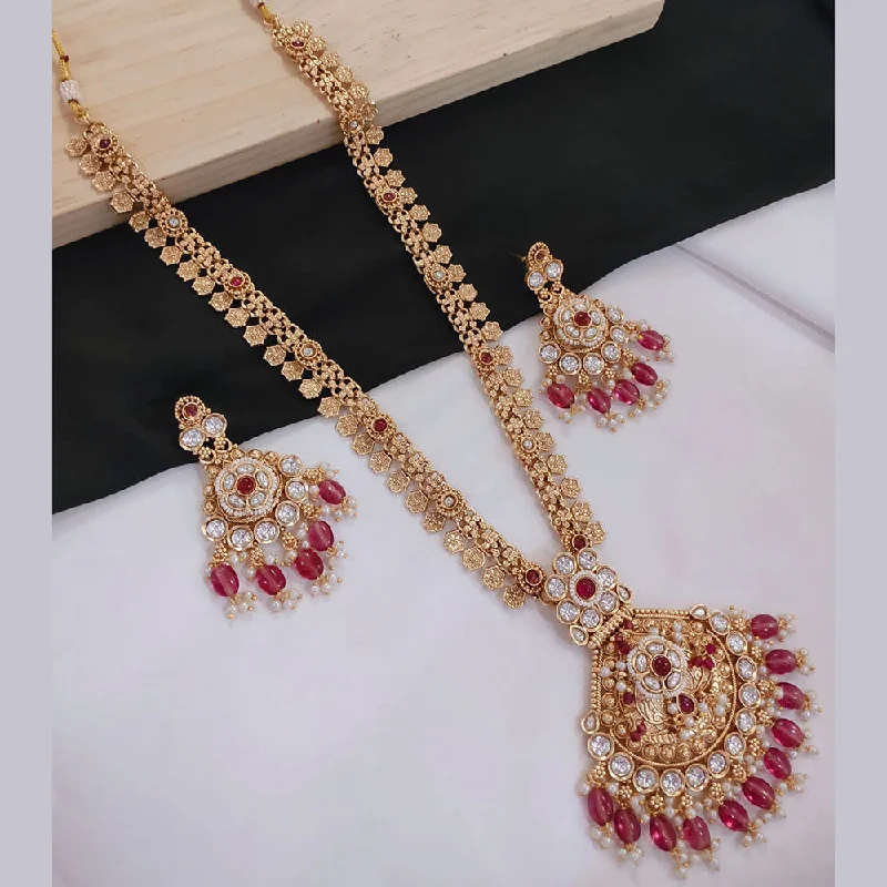 Handcrafted Bead Necklace-Akruti Collection Gold Plated Kundan Stone And Pearls Long Necklace Set