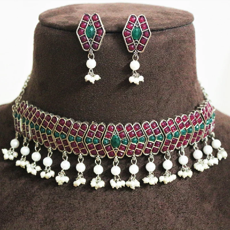 Art Deco Necklace-H K Fashion Oxidised Plated Pota Stone And Pearls Necklace Set