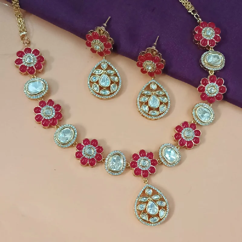 Gold Bead Necklace-NAFJ Gold Plated Polki Kundan Stone Necklace Set