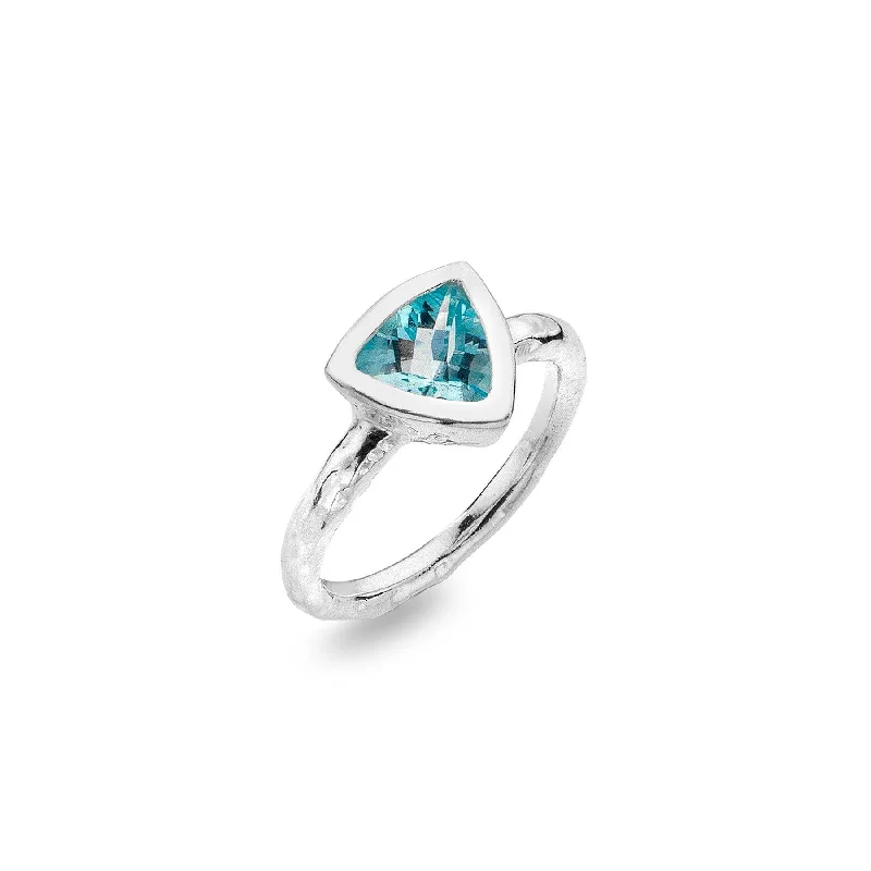 Large Statement Gold Ring-Sea Gems Triangle Blue Topaz Solitaire Ring