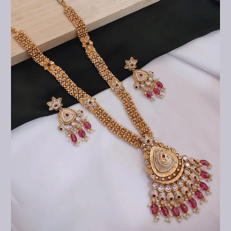 Gold Heart Necklace-Akruti Collection Gold Plated Kundan Stone And Pearls Meenakari Long Necklace Set