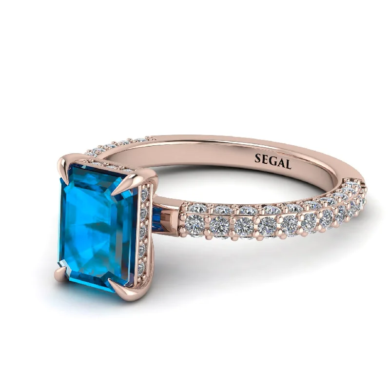 Modern Wedding Ring Set-Hidden Halo Emerald Cut Blue Topaz Engagement Ring - Ximena No. 502