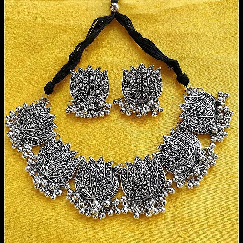 Classic Pendant Necklace-Bevy Pearls Oxidised Plated Lotus Choker Necklace Set