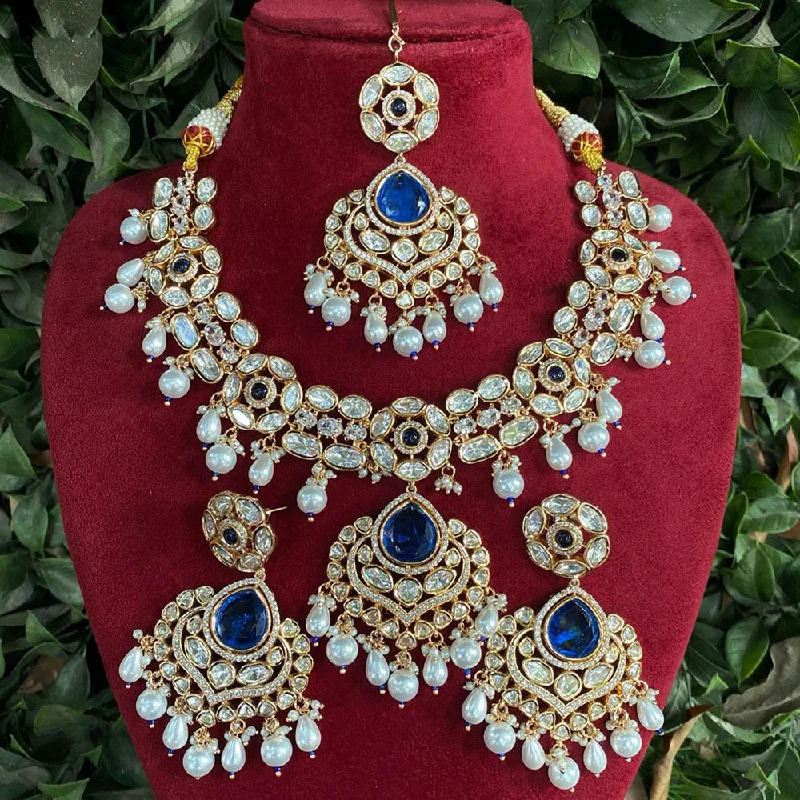 Luxury Pearl Necklace-Royal Kundan Jewellery Gold Plated Polki Kundan Stone And Pearls Necklace Set