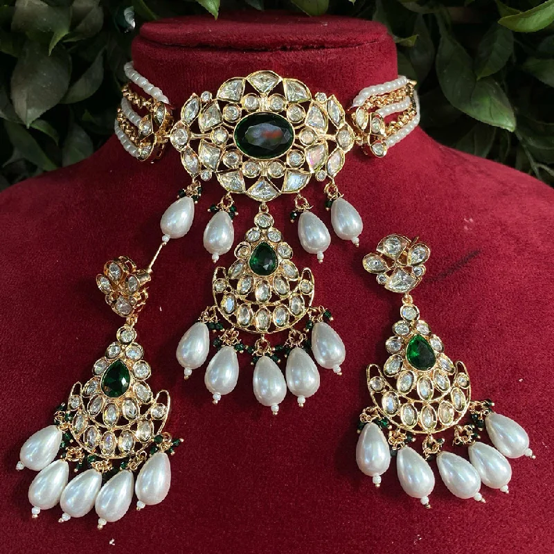 Modern Pendant Necklace-Royal Kundan Jewellery Gold Plated Polki Kundan Stone And Pearls Choker Necklace Set