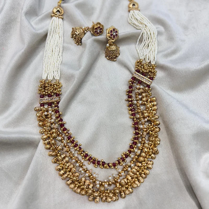 Wedding Bridal Necklace-JCM Gold Plated Pota Stone And Pearls Long Necklace Set