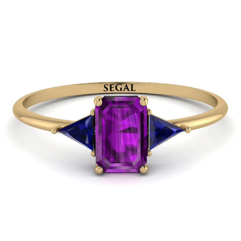 Diamond Solitaire Ring-Emerald Cut Amethyst With Triangles Ring - Remi No. 313