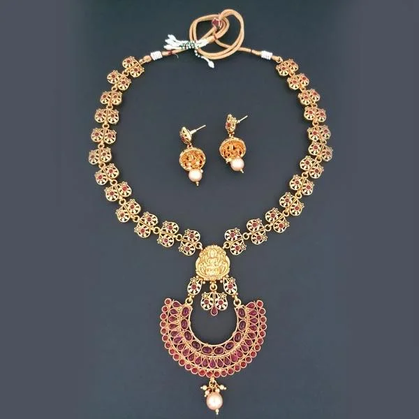 Silver Chain Necklace-Darshana Jewels Pota Stone God Laxmi Copper Necklace Set - FAP0150