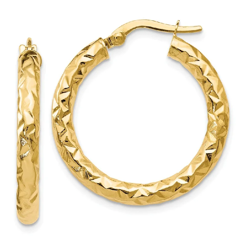 Unique Statement Earrings-3mm Textured Round Hoop Earrings in 14k Yellow Gold, 25mm (1 Inch)