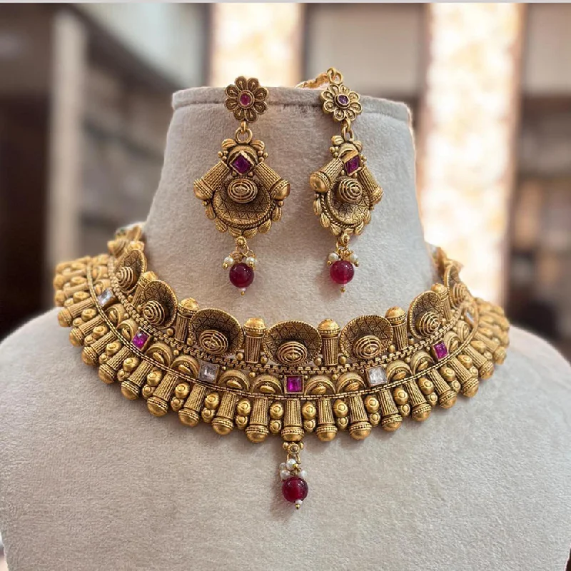 Unique Leather Necklace-Jewel Addiction Gold Plated Pota Stone And Pearls Choker Necklace Set