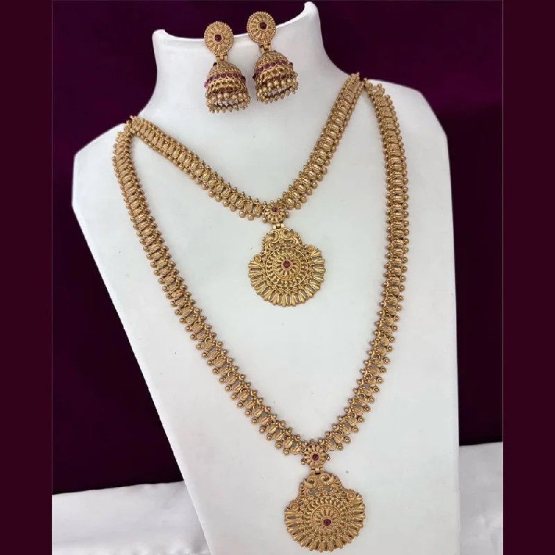 Diamond and Pearl Necklace-Joyful Jewel Art Matte Gold Plated Pota Stone Double Necklace Set