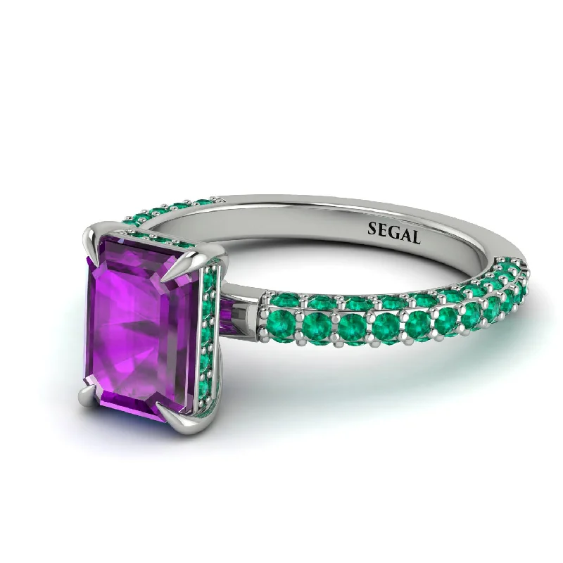 Elegant Gemstone Ring-Hidden Halo Emerald Cut Amethyst Engagement Ring - Ximena No. 306