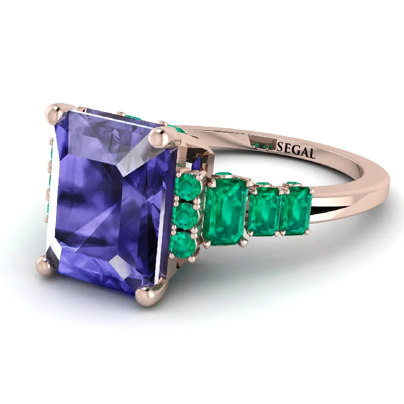 Classic Gemstone Wedding Band-Emerald Cut Tanzanite Ring Hidden Round Diamonds - Sawyer No. 205