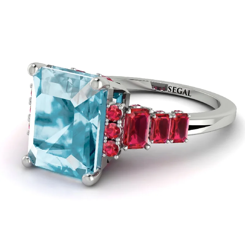 Statement Emerald Ring-Emerald Cut Aquamarine Ring Hidden Round Diamonds - Sawyer No. 412