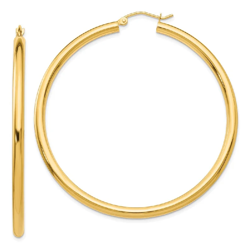 Luxury Hoop Earrings-3mm x 55mm 14k Yellow Gold Classic Round Hoop Earrings