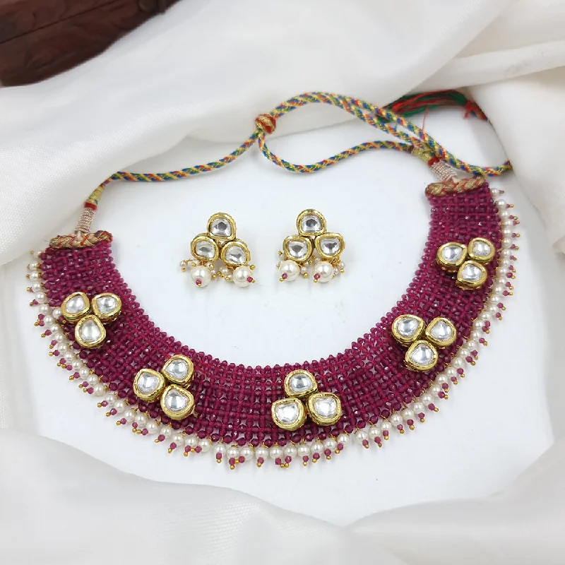 Gold Coin Necklace-JCM Gold Plated Kundan Stone And Pearls Necklace Set