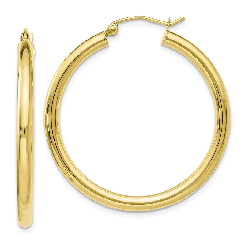 Bohemian Style Earrings-3mm Round Hoop Earrings in 10k Yellow Gold, 35mm (1 3/8 Inch)