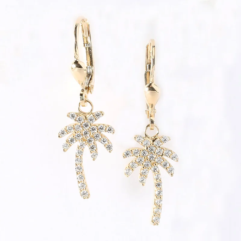 Gorgeous Sapphire Earrings-14K Yellow Gold Palm Tree Pave CZ Lever Back Earrings