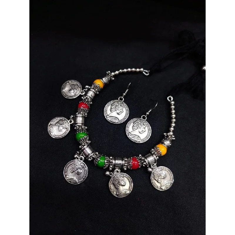 Personalized Silver Necklace-Akruti Collection Oxidised  Plated Necklace Set