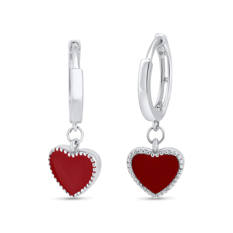 Chic Statement Earrings-Silver 925 Rhodium Plated Red Enamel Heart 10mm Hoop Earrings