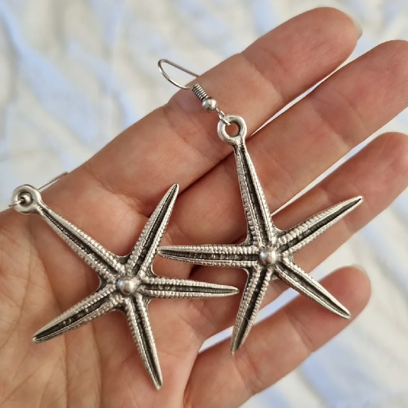 Modern Geometric Earrings-Boho Large Silver Starfish Earrings  - Beachy Bohemian Jewellery