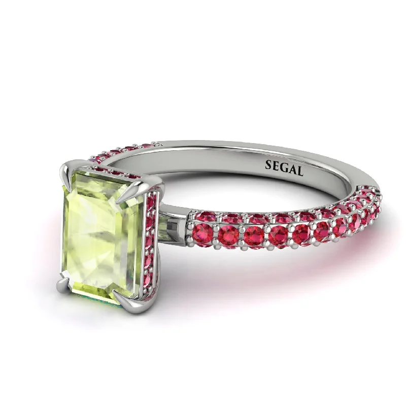 Customizable Birthstone Ring-Hidden Halo Emerald Cut Peridot Engagement Ring - Ximena No. 712