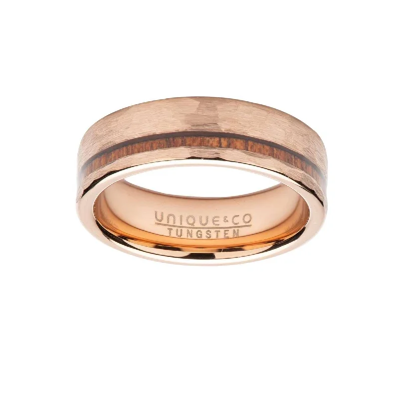 Gold Wedding Band for Women-Unique & Co Wood Inlay with Hammered Rose IP Ring