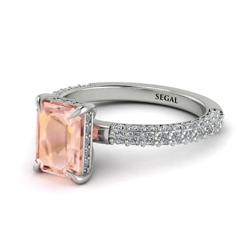 Luxury Diamond Band-Hidden Halo Emerald Cut Morganite Engagement Ring - Ximena No. 903