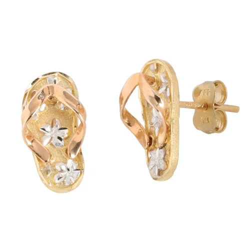 Luxe Drop Earrings-14K Tri-Color Gold Slipper (Flip Flop) Plumeria Post Earrings